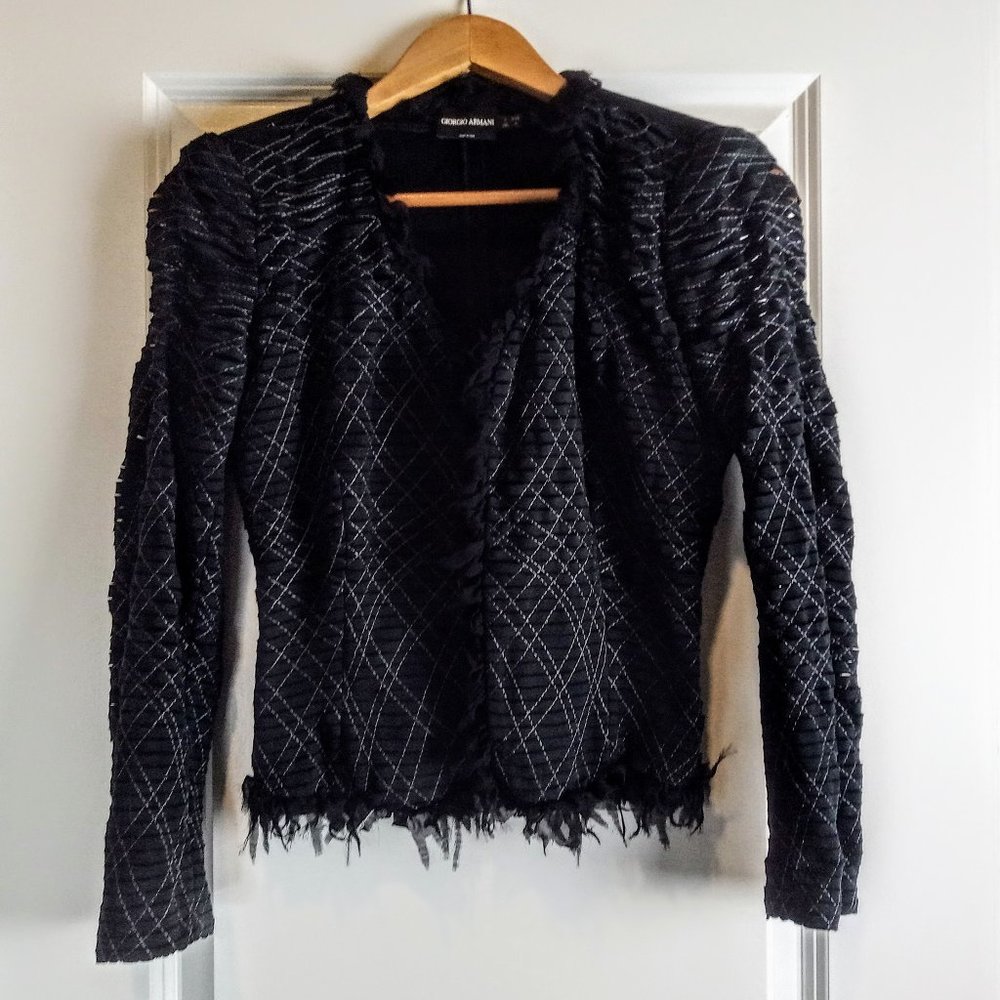 Giorgio Armani Black Geometric Ribbon Chiffon Trim Jacket